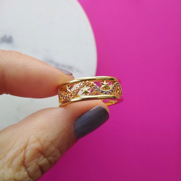 NEW Gold Star Multi-color CZ Hollow Open Ring Adjustable - Picture 2 of 6